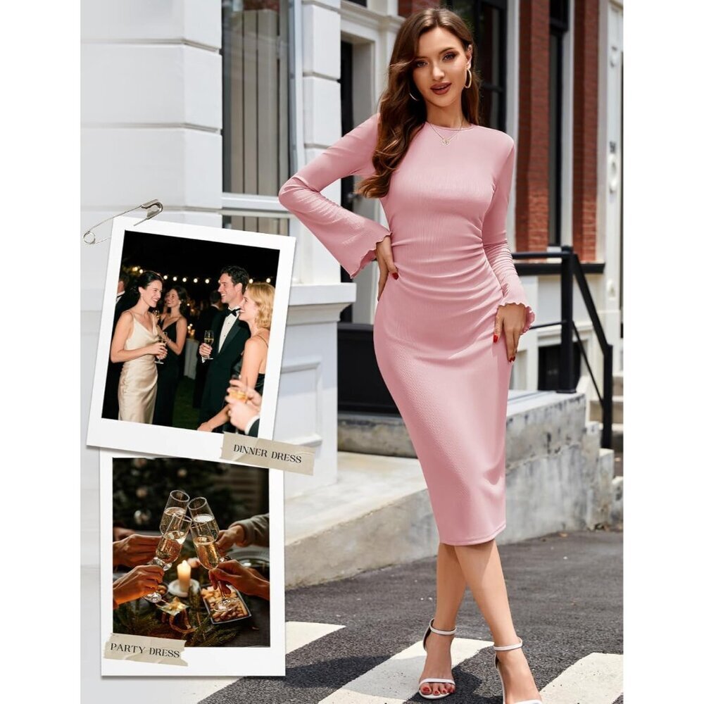 Women's Ribbed Knit Bodycon Midi Dress Long Sleeve Feminine Elegant Fashion - Picture 7 of 7